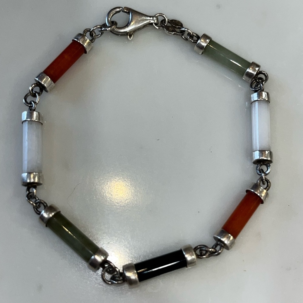Vintage Sterling Silver Jade Tube Link Bracelet Multi Color